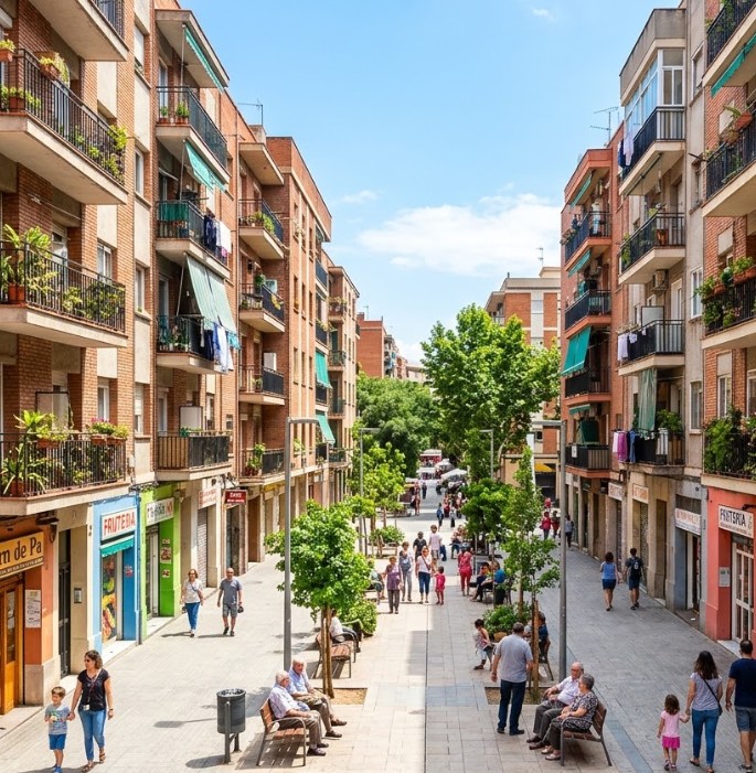 Vistas de los bloques de pisos tradicionales y las plazas en el barrio de Verdún, Barcelona